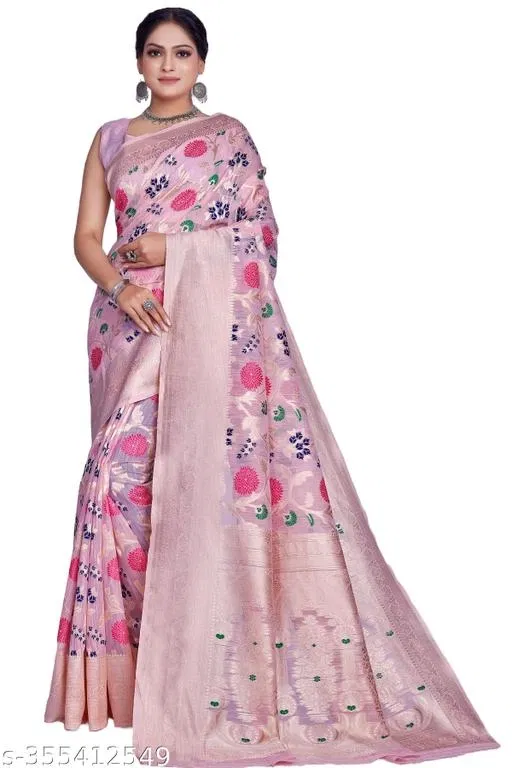 Cotton Linen Zari Woven Saree for Women (Pink, 6.3 m)