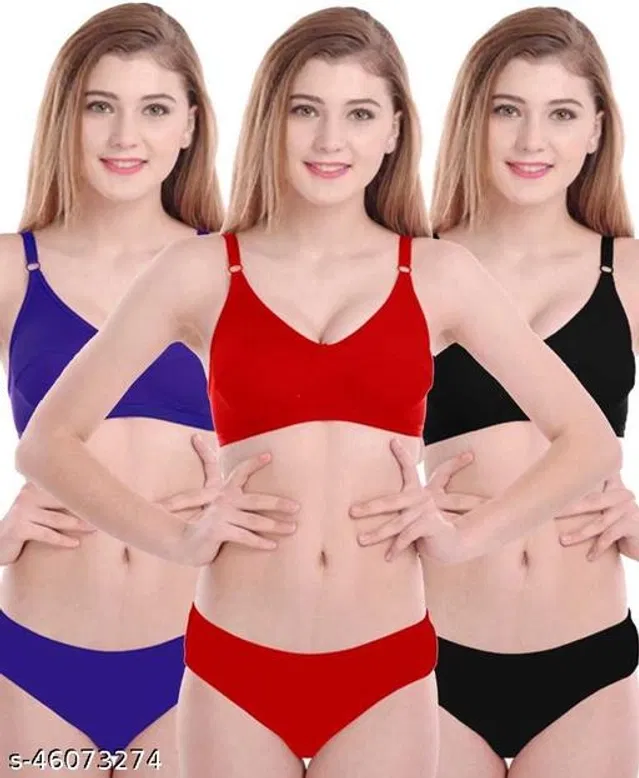 Cotton Blend Solid Lingerie Set for Women (Multicolor, 32A) (Pack of 3)