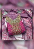 Chanderi Cotton Embroidered Unstitched Suit Fabric, Purple