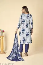 Floral Print Cotton Blend Unstitched Suit Fabric for Women, White & Blue