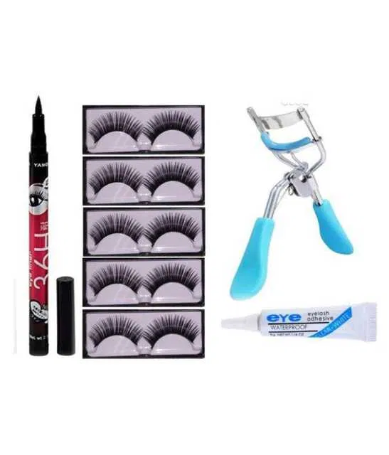 Lenon Makeup Accessory False Eyelashes Eyelashes Glue 36 Hrs Eyeliner & Eyelash Curler (Set of 5) (D250)