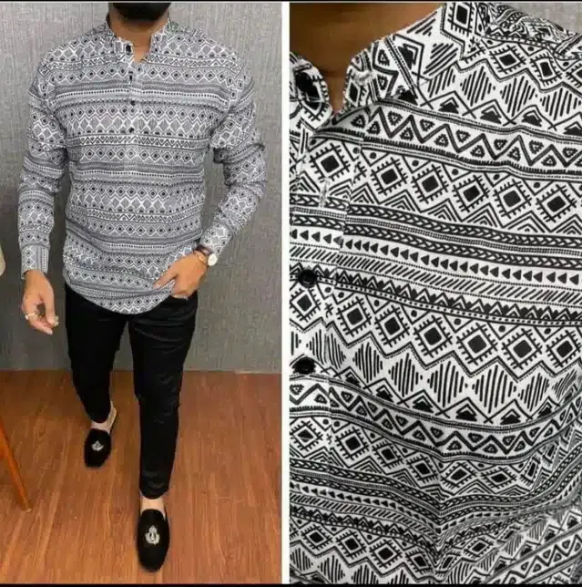 Short Kurta for Men (Black & White, M)