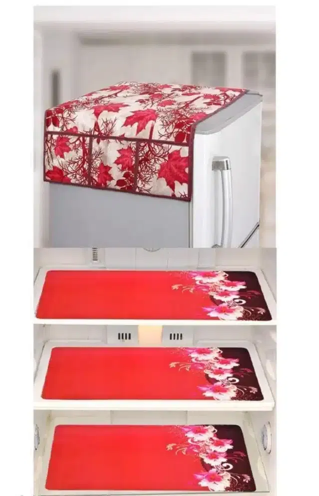 Knit Printed Fridge 3 Pcs Mat with Top Cover (Multicolor, Set of 1)