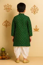Dupion Silk Printed Kurta with Dhoti for Boys, Bottle Green & White 