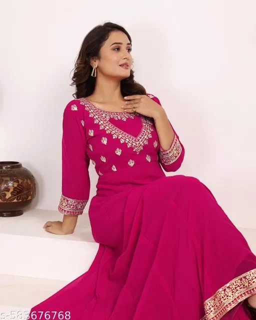 Embroidered Gown for Women (Pink, XXL)