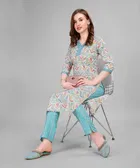 Cotton Blend Printed Kurta with Pant for Women (Sky Blue, S)