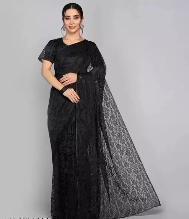 Net Floral Saree for Women (Black, 6.3 m)