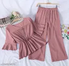 Polyester Solid Top & Bottom Set for Women, Peach 