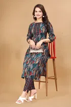 Cotton Rayon Printed Kurta with Pant for Women (Blue, S)