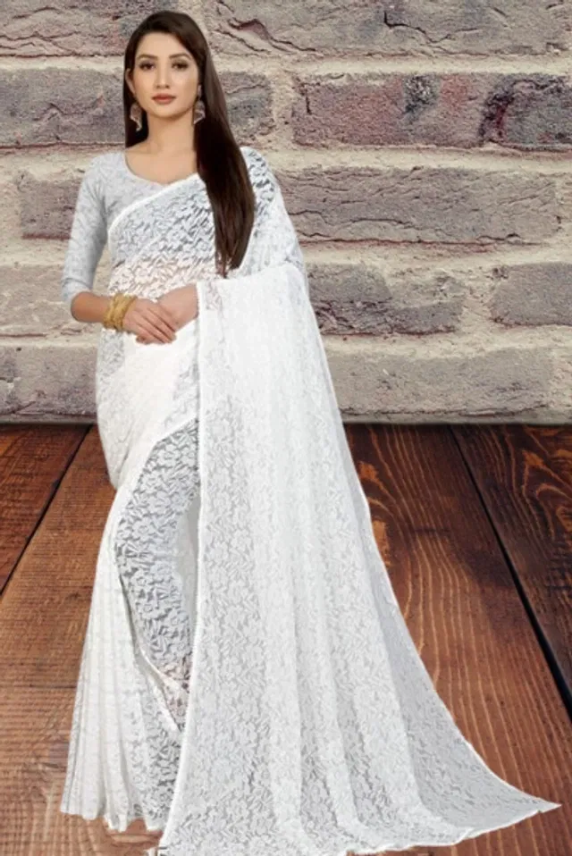 Net Floral Saree for Women (White , 6.3 m)