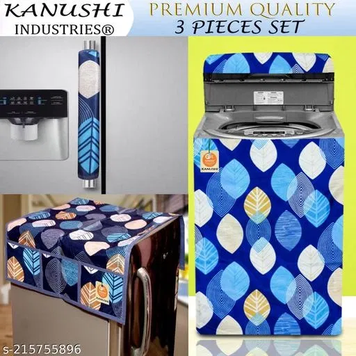 KANUSHI Industries® Top Load Fully Automatic Washing Machine Cover + 1 Pc Fridge Covers/Refrigerator Cover + 1 Pc Fridge Handle Cover (WASMAC-FULLY+FRI+1-HANDLE-BLUE-LONG-LEVS)