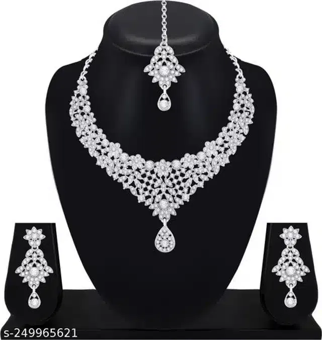 Alloy Necklace with Earrings & Maangtika for Women (White, Set of 1)