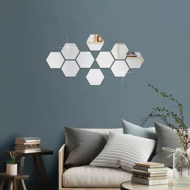 Acrylic Hexagon Shaped Wall Mirror Stickers (Silver, Pack of 10)