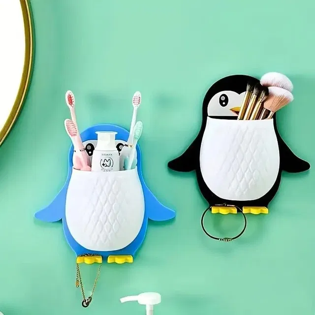 Penguins Shape Toothbrush Holder Plastic Stand, Self-Adhesive - Multicolor (Set of 2)