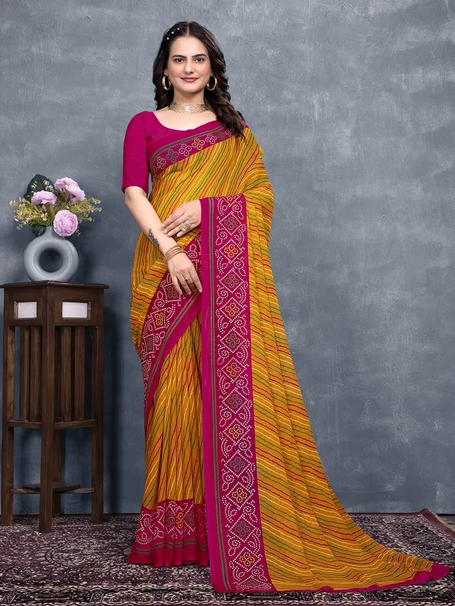 Georgette Printed Saree for Women (Pink & Yellow, 6.3 m)