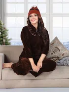 Velvet Solid Nightsuit for Women (Brown, M)