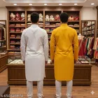 Cotton Solid Kurta Set for Men, White & Yellow 