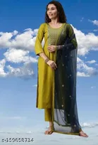 Cotton Blend Embroidered Kurta with Pant & Dupatta for Women 