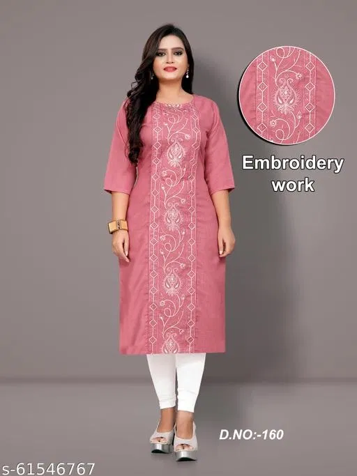 Floral Embroidered Cotton Blend Kurti for Women (Pink, L)