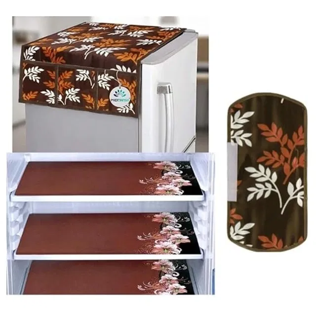 PVC Printed Fridge Top Cover with 3 Pcs Shelf Mats & Handle Cover (Multicolor, Set of 1)