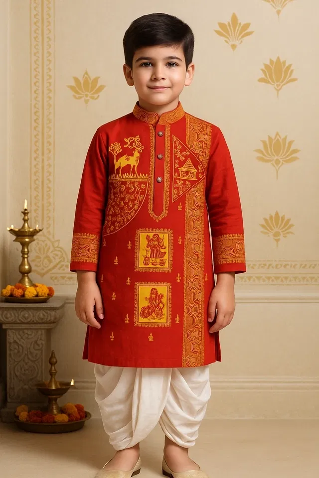 Cotton Printed Kurta with Dhoti for Boys, Red & White (3-4 Years)