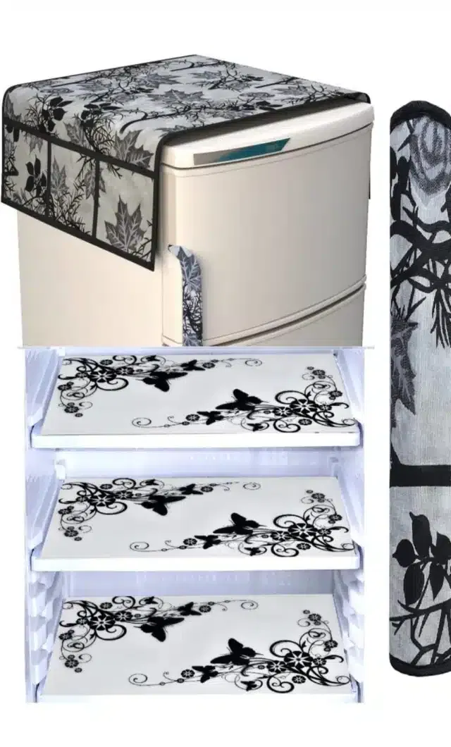 Knit Printed Fridge 3 Pcs Mat with Top & Handle Cover (Multicolor, Set of 1)