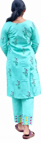 Trendy Cotton Blend Kurta with Pant for Women, Aqua Blue 