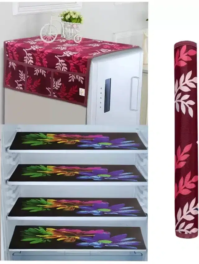 Knit Printed Fridge 4 Pcs Mat with Handle & Top Cover (Multicolor, Set of 1)