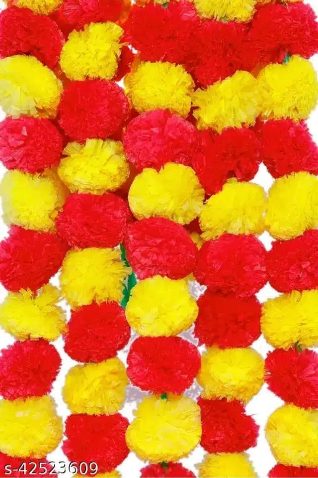 Plastic Artificial Marigold Flowers Garlands (Orange & Yellow, Pack of 5)