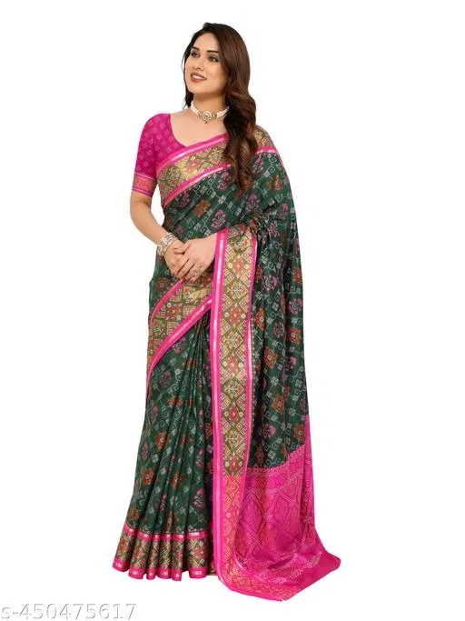 Ajrak Patola Soft Litchi Silk Kanjivaram Banarasi Silk Saree for Women (Green)