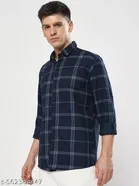 Cotton Blend Checked Shirts for Men, Navy Blue 