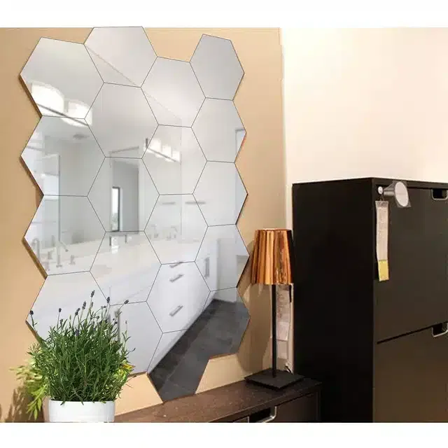 Acrylic Hexagon Shaped Wall Mirror Stickers (Silver, Pack of 19)