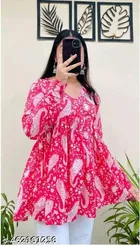 Rayon Printed Short Kurti for Women, Pink 