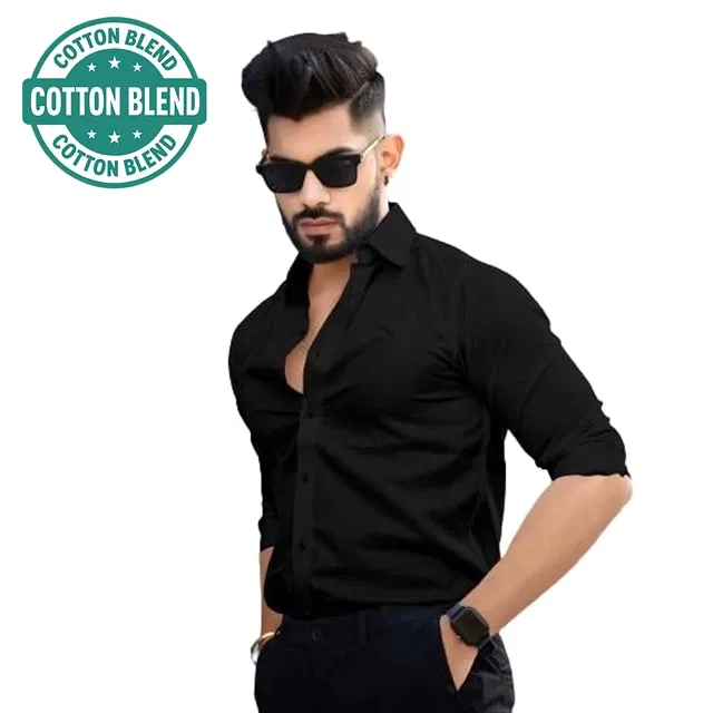 Cotton Blend Full Sleeves Solid Shirt for Men (Black, M)