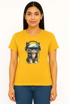 Cotton Blend Printed T-shirt for Women, Mustard 