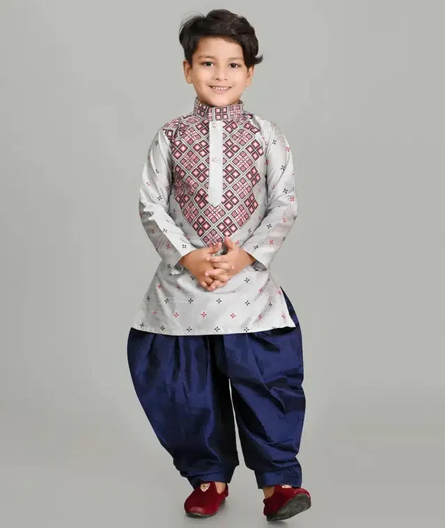 Dupion Silk Printed Kurta with Patiyala Set for Boys (Grey & Blue, 6-12 Month)