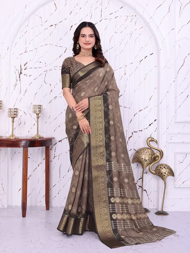 Dola Silk Printed Saree for Women, Brown (6.3 m)