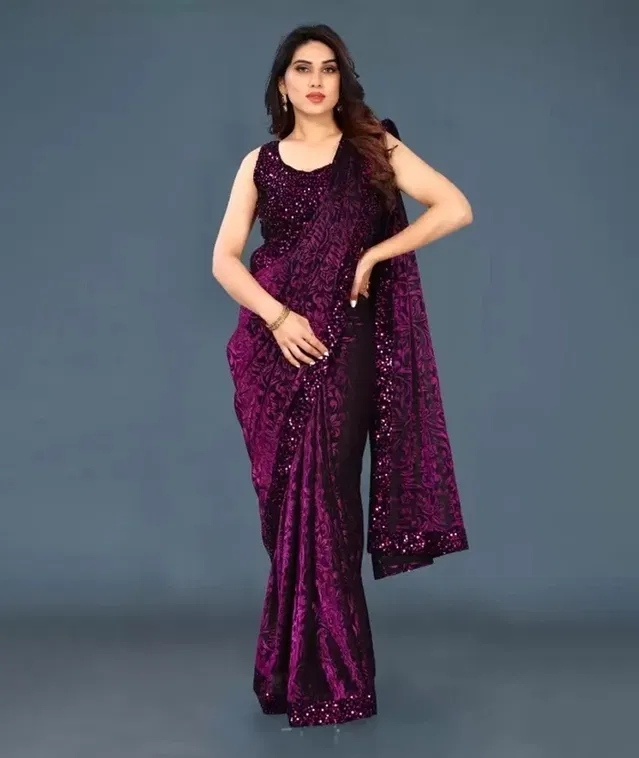 Lycra Blend Solid Saree for Women (Purple, 6.3 m)