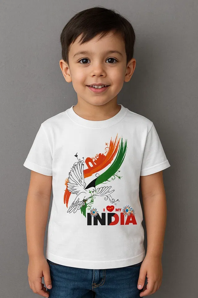 Round Neck Indian Flag Print T-Shirt for Boys (White, 4-5 Years)
