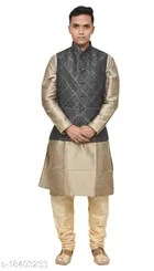 Cotton Blend Solid Kurta with Pyjama & Jacket for Men 