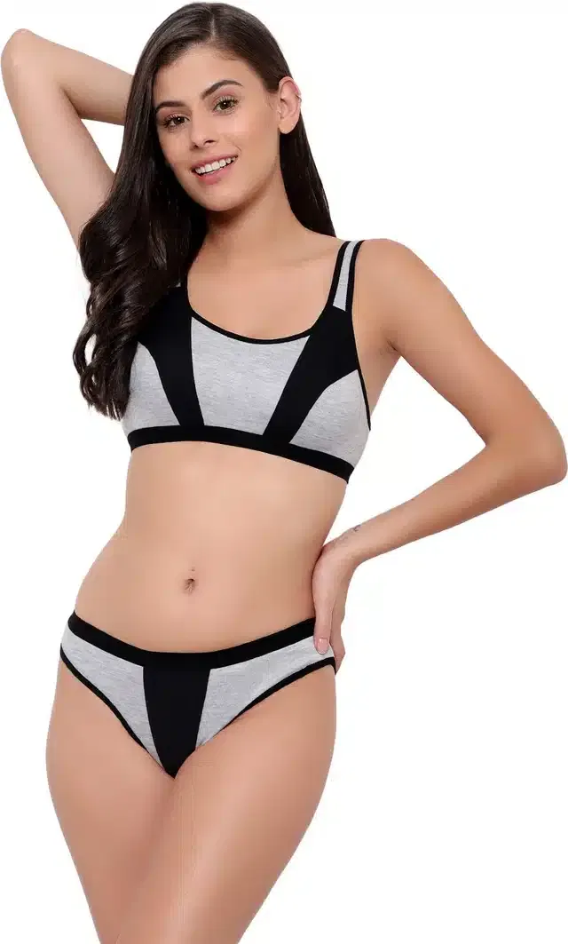Cotton Blend Lingerie Set for Women (Black, 34)