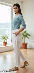 Cotton Solid Pant for Women, White 