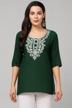 Ambi Design Cotton Embroidery Short Kurti For Women (Green) Size (L)