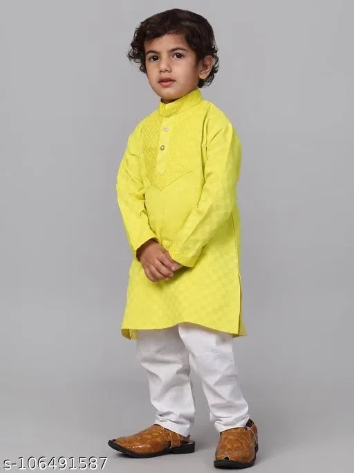 Cotton Kurta with Pyjama for Boys (Lemon Yellow & White, 7-8 Years)