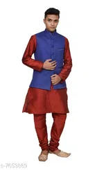 Dupion Silk Solid Kurta with Pyjama & Jacket for Men 