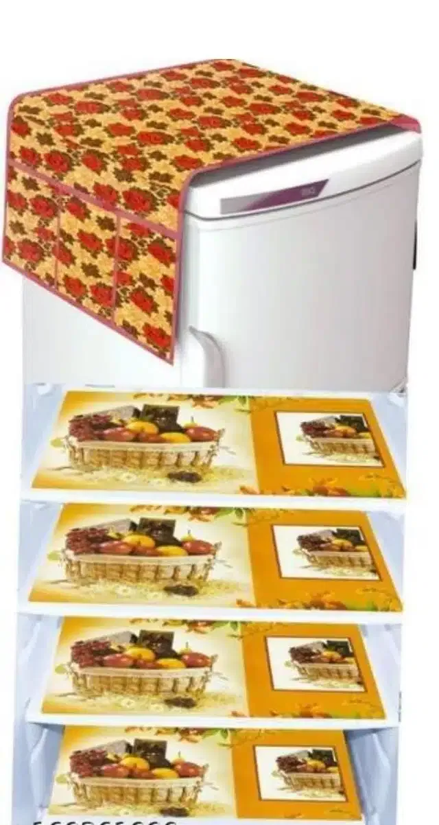 Knit Printed Fridge 4 Pcs Mat with Top Cover (Multicolor, Set of 1)