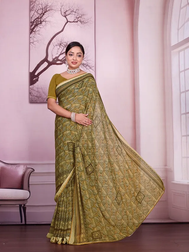 Georgette Printed Saree for Women (Mustard, 6.3 m)