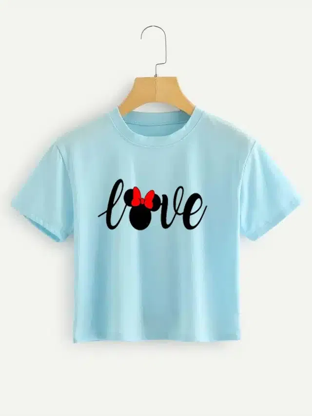 Printed Crop T-shirt for Women (Aqua Blue, M)