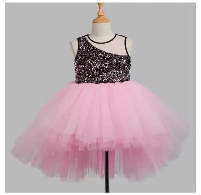 Netted Self Design Frock for Girls (Black & Pink, 12-18 Months)