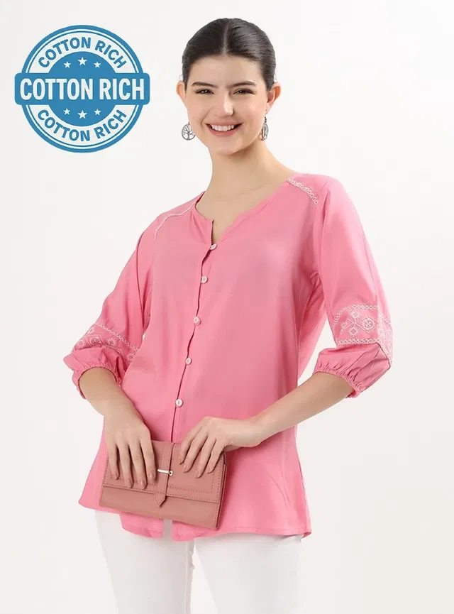 Women's Casual Regular Sleeves Embroidered Short Kurti (Pink XXL)